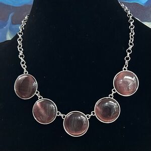 Lovely Cat's Eye Stone Necklace Deep Purple Silver-tone Chain Adjustable